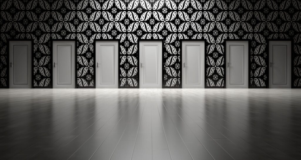 Multiple similar doors lined next to each other